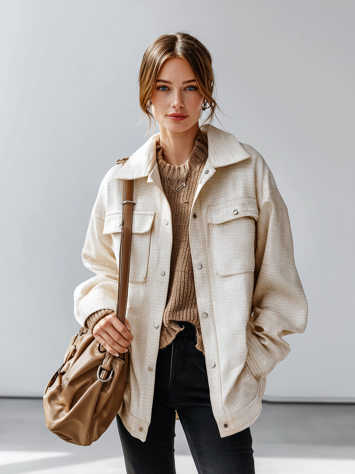 ElevenOra Casual Beige Crocodile Embossed Faux Leather Lapel Single-Breasted Utility Pocket Oversized Jacket