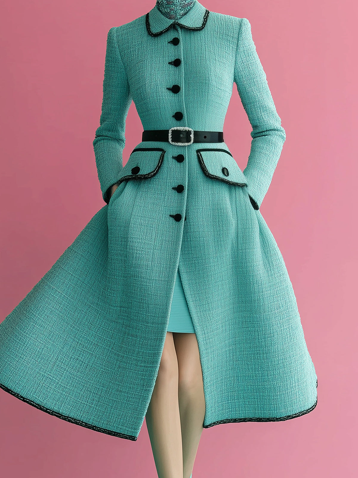 ElevenOra Vintage Elegant Tweed Peter Pan Collar Single-breasted Contrast Trim Belted Mid-Length Dress Coat