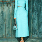 ElevenOra Chic Elegant Baby Blue Turtle Neck Slim-Fit Long Sleeve Sweater Bodycon Maxi Skirt Knit Two-Piece Set