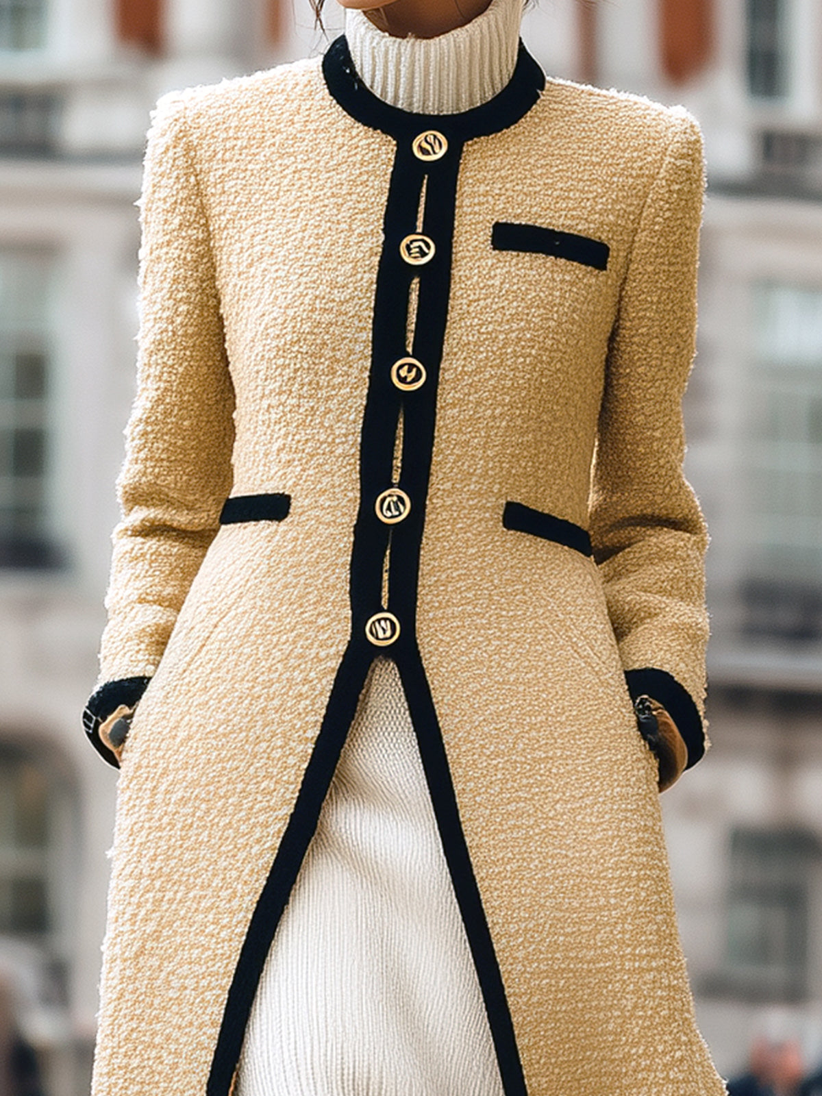 ElevenOra Chic Vintage Wool Blend Round Neck Single-breasted Contrast Trim Tailored Waist Mid-length Coat