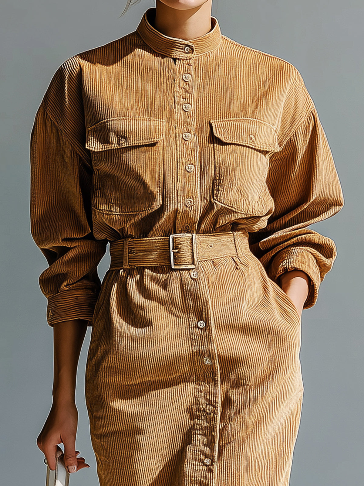 ElevenOra Casual Office Corduroy Stand Collar Single-Breasted Belted Multi-Pocket Long Sleeve Midi Dress
