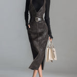 ElevenOra Chic Elegant Dark Gray Faux Suede Deep V-Neck Tailored Waist Belted Side Slit Pinafore Maxi Dress