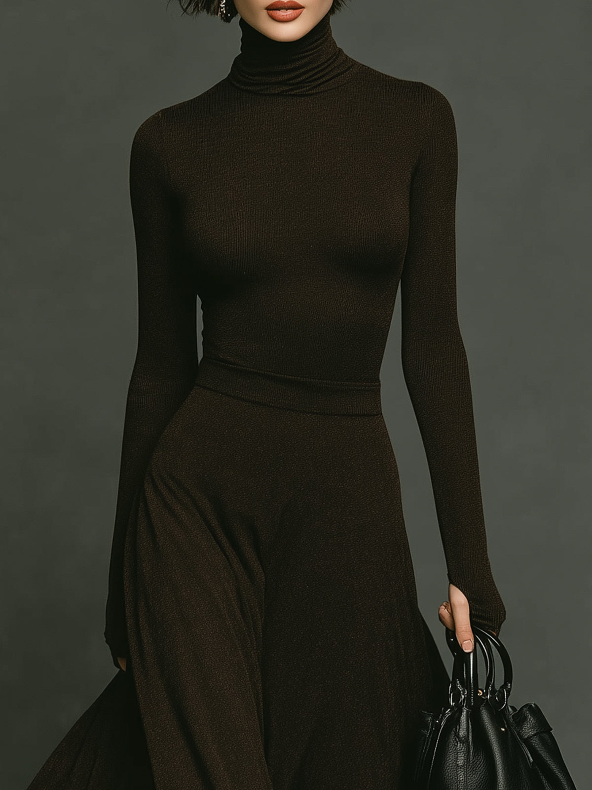 ElevenOra Elegant Turtleneck Long Sleeve Fitted Knit Sweater With Flowy Maxi Skirt Two-Piece Set