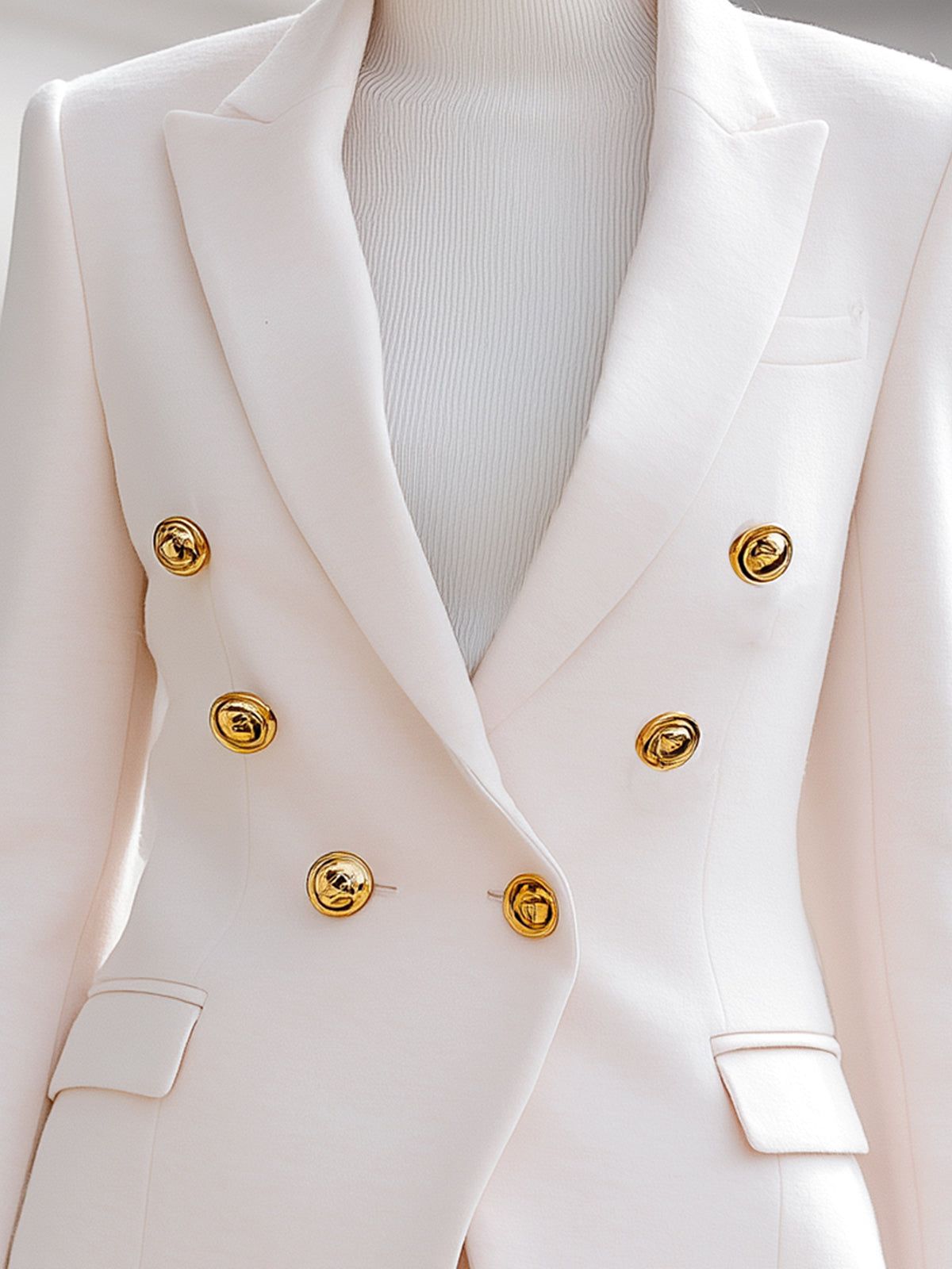 ElevenOra Chic Elegant Cream Wool Blend Peak Lapel Double-breasted Slim-fit Blazer