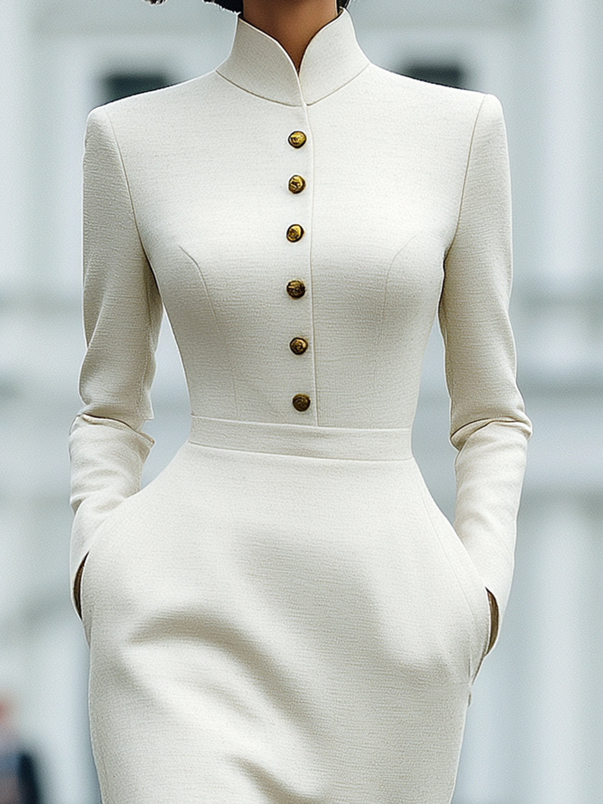 ElevenOra Elegant Formal Cream White Stand Collar Gold Buttons Tailored Waist Long-Sleeve Midi Dress