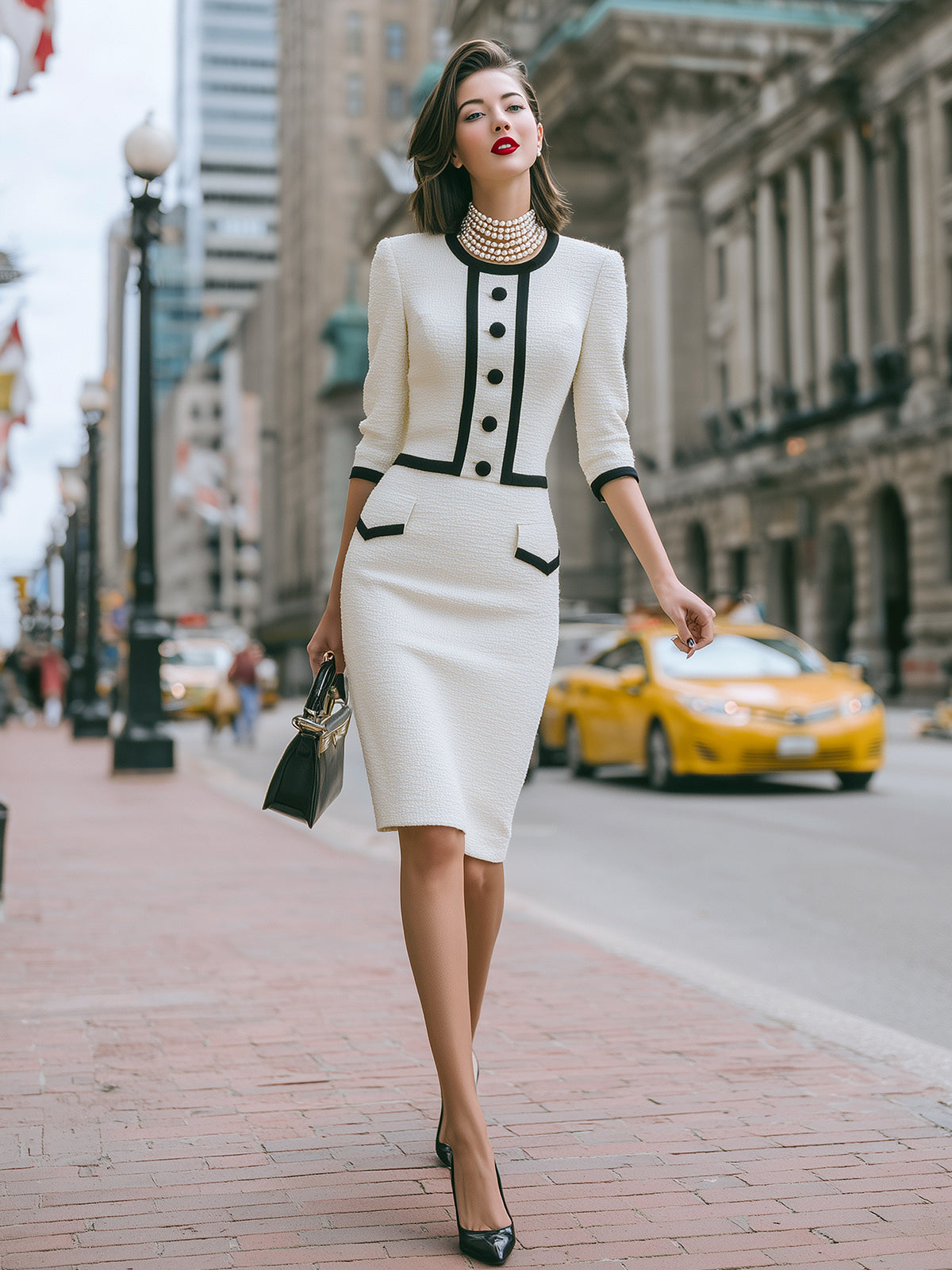 ElevenOra Elegant Cotton Blend Textured Round Neck Contrast Trim Button-Front Tailored Waist Long Sleeve Midi Dress