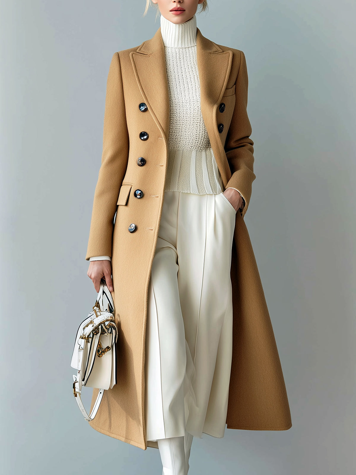 ElevenOra Chic Casual Solid Color Wool Blend Peaked Lapel Double-Breasted Tailored Warm Long Coat