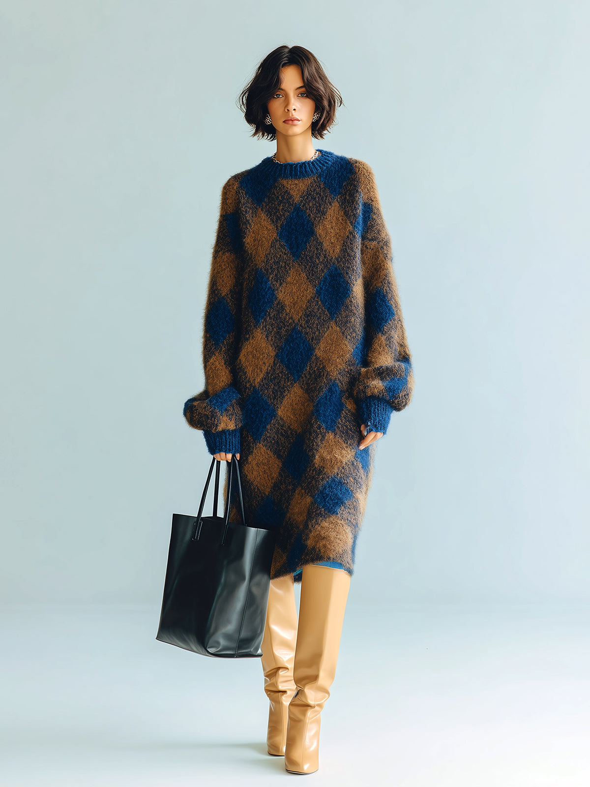 ElevenOra Chic Retro Contrast Diamond Jacquard Round Neck Oversized Long-sleeved Knitted Midi Dress