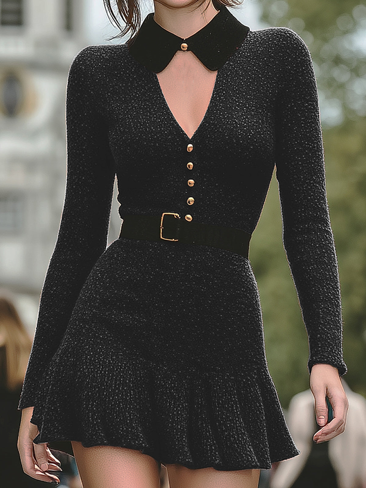 ElevenOra With Peter Pan Collar Stylish V-neck Button-embellished Slim-fit Knit A-Line Mini Dress