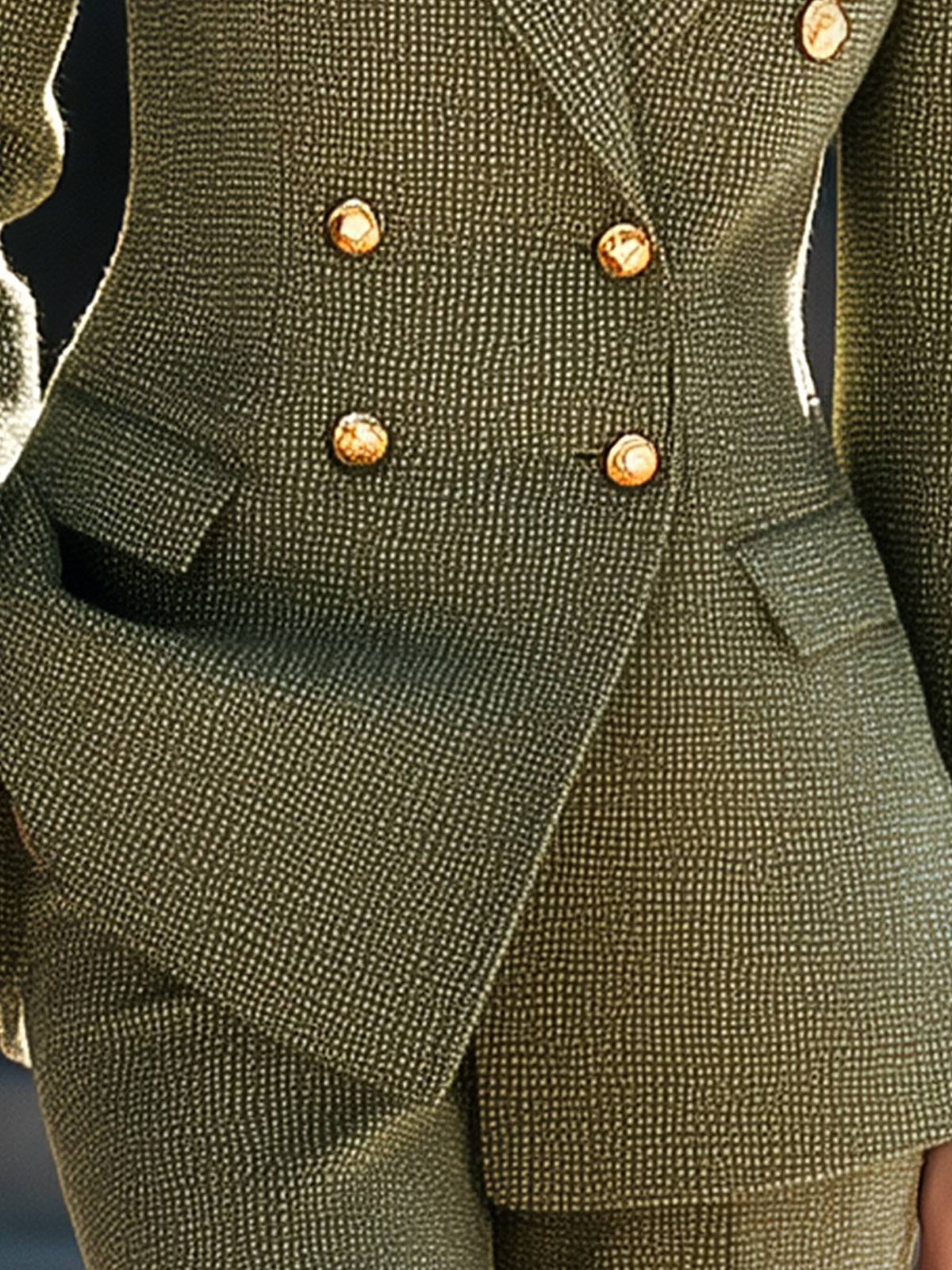 ElevenOra Chic Elegant Green Wool Blend Peak Lapel Double-Breasted Slim-Fit Blazer
