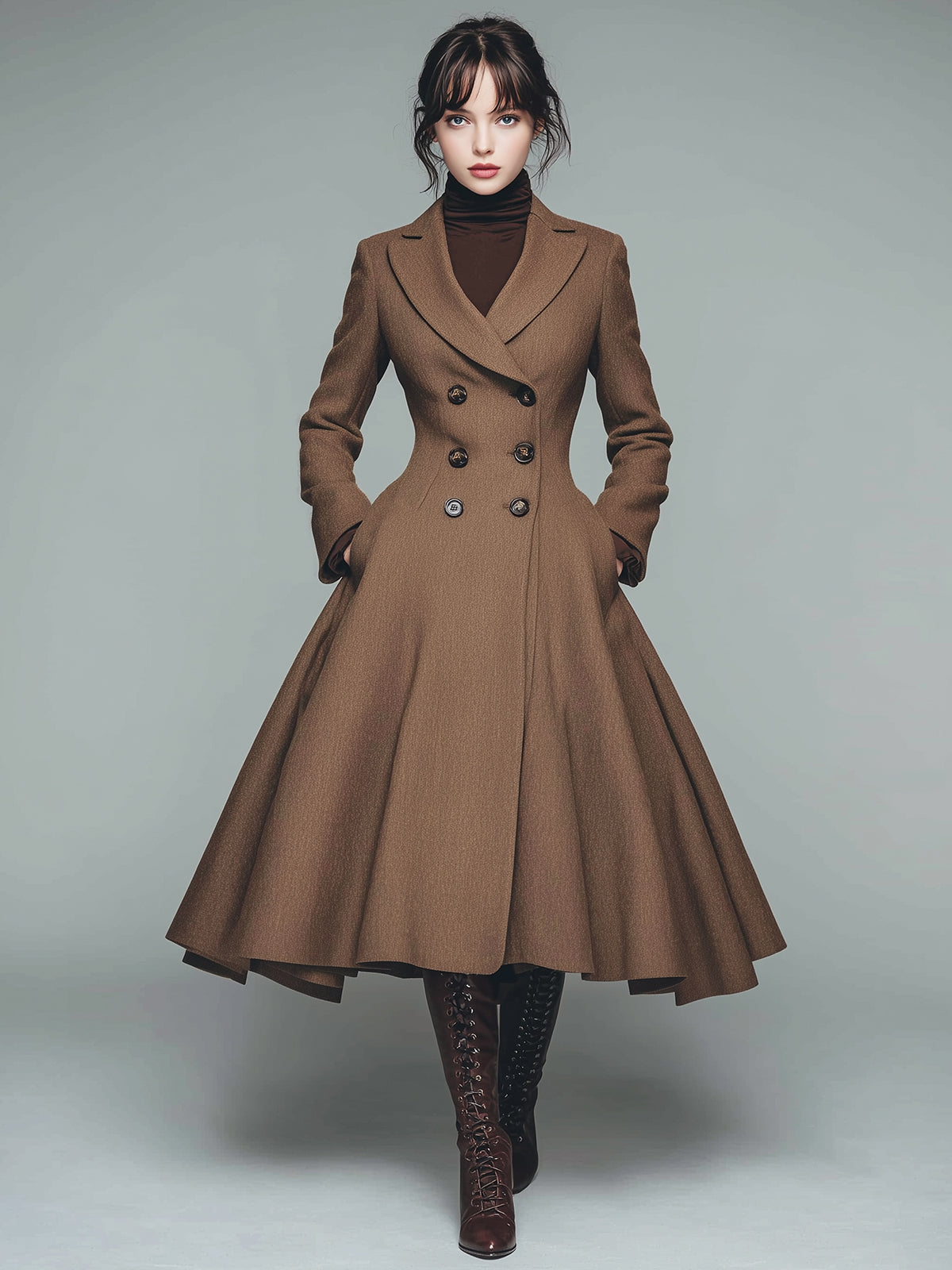ElevenOra Vintage Brown Wool Blend Notch Lapel Double-Breasted Tailored Waist Flared Hem Mid-Length Coat