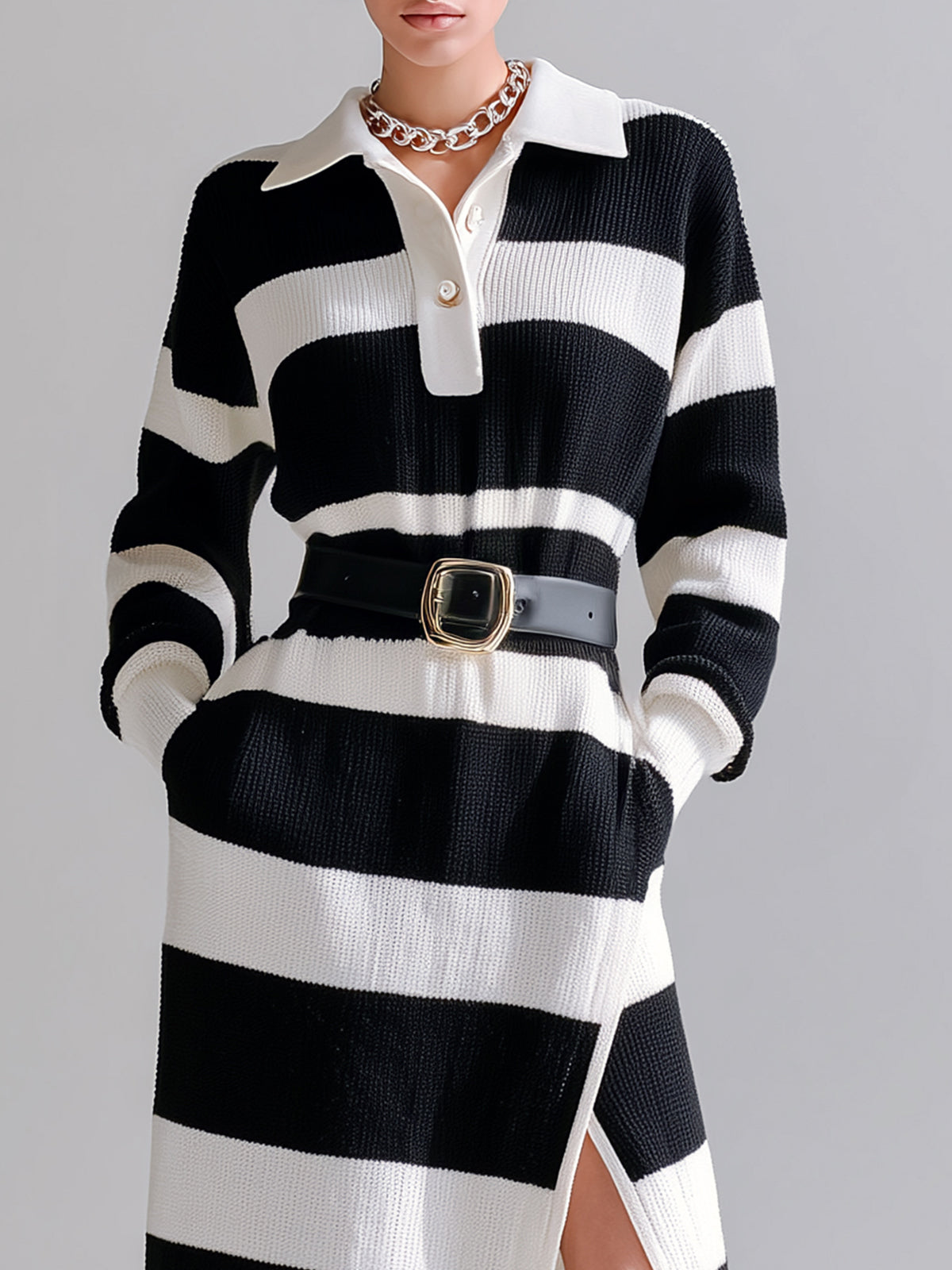 ElevenOra Chic Casual Contrast Stripes Polo Collar Belted Long Sleeve Side Slit Knitted Maxi Dress