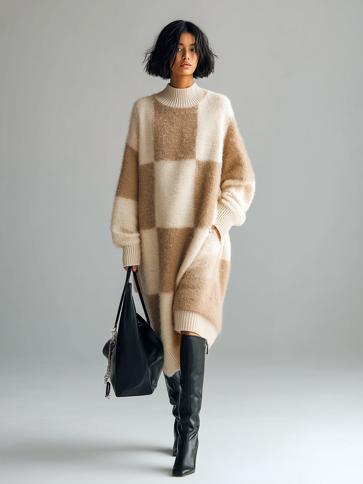 ElevenOra Chic Elegant Contrast Checkerboard Round Neck Oversized Long-sleeved Knitted Midi Dress