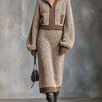 ElevenOra Chic Elegant Camel-Brown Colorblock Lapel Collar Long-Lantern-Sleeve Zipper-Front Cardigan Elasitc-Waist Midi Skirt Ribbed Knit Two-Piece Set