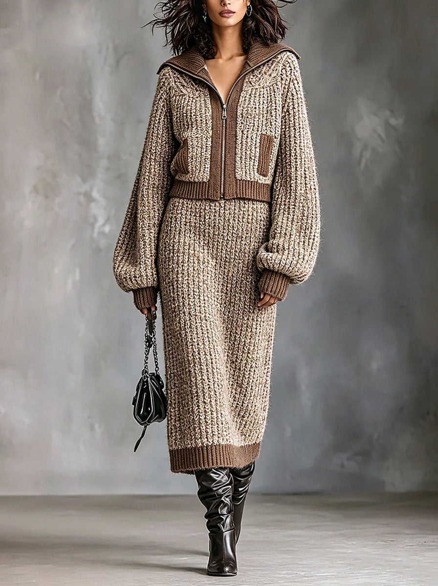 ElevenOra Chic Elegant Camel-Brown Colorblock Lapel Collar Long-Lantern-Sleeve Zipper-Front Cardigan Elasitc-Waist Midi Skirt Ribbed Knit Two-Piece Set