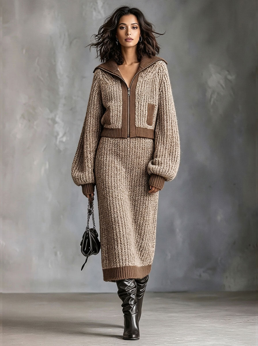 ElevenOra Chic Elegant Camel-Brown Colorblock Lapel Collar Long-Lantern-Sleeve Zipper-Front Cardigan Elasitc-Waist Midi Skirt Ribbed Knit Two-Piece Set