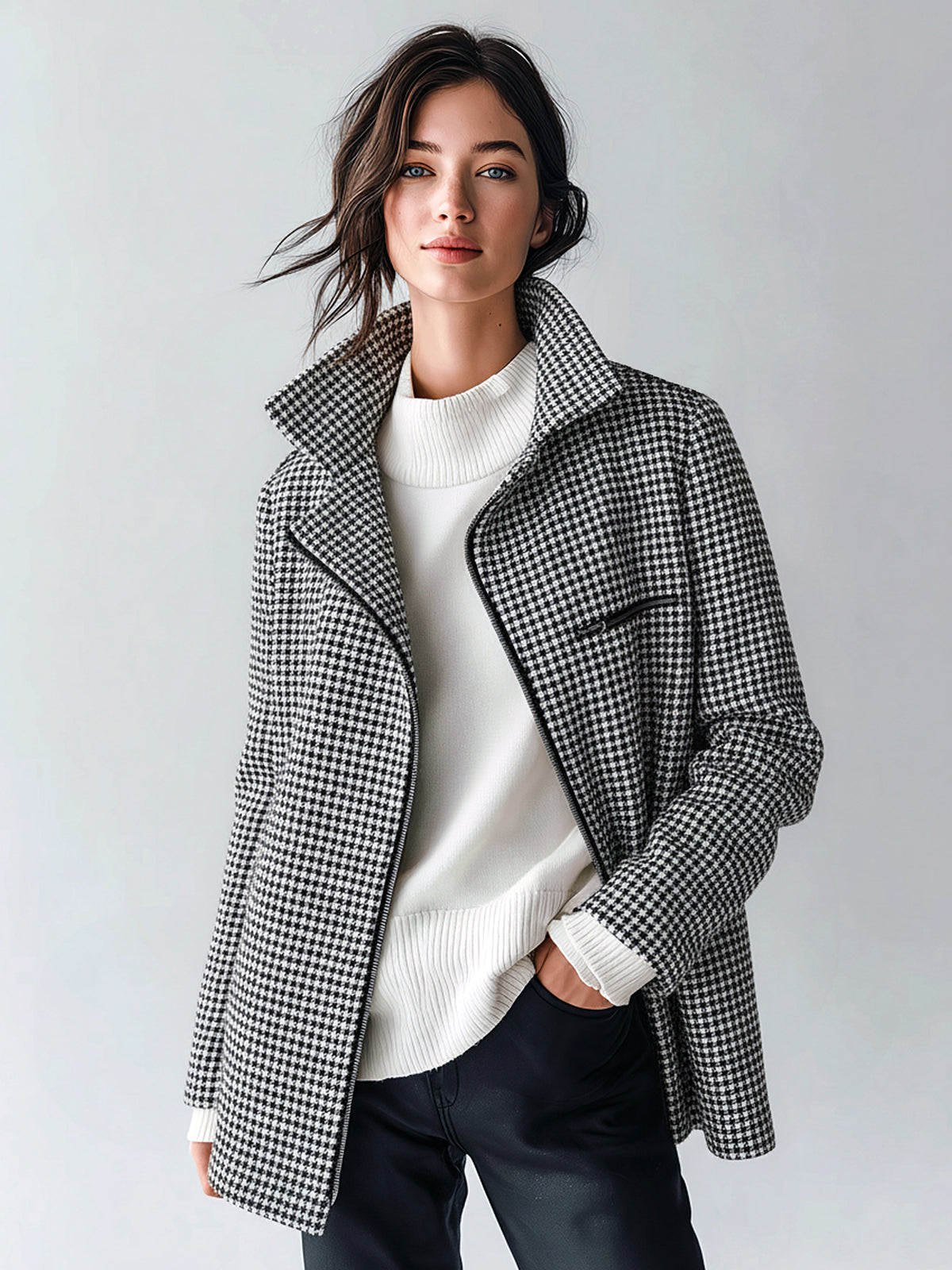 ElevenOra Chic Vintage Houndstooth Lapel Asymmetric Zip Mid-Length Warm Coat