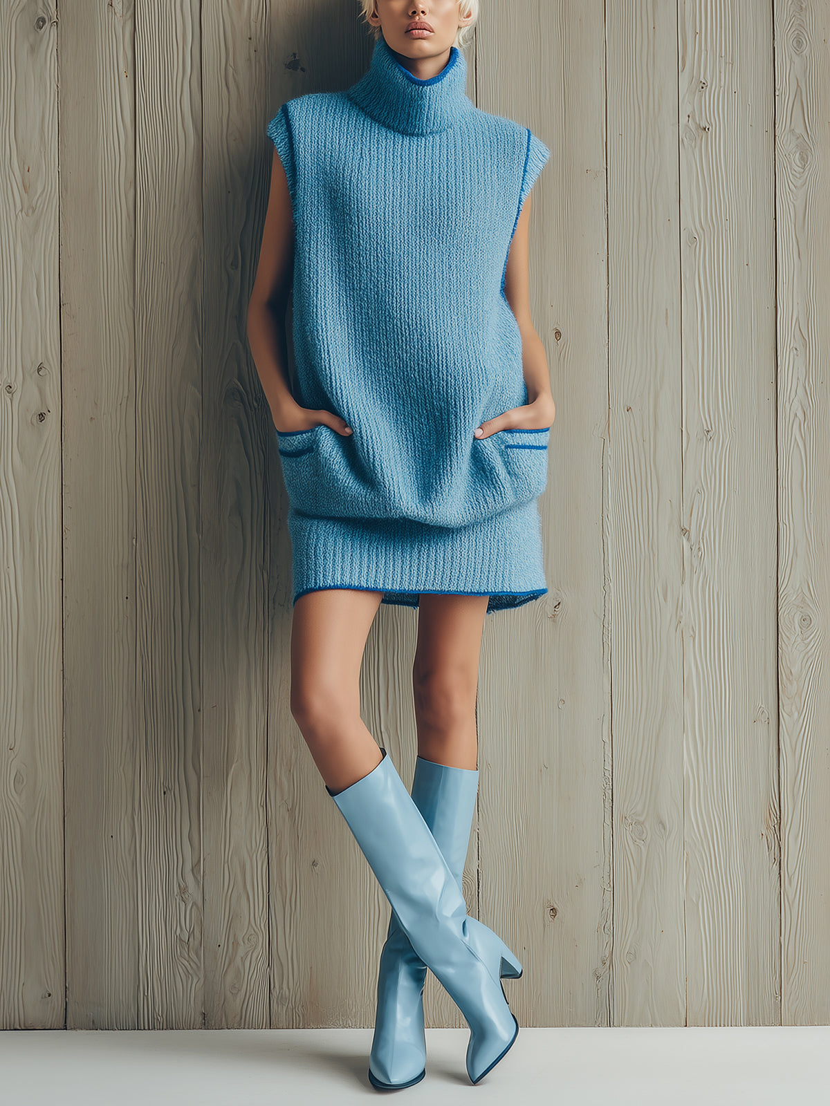 ElevenOra Chic Elegant Dark Blue Contrast Trim Turtleneck Sleeveless Patch Pocket Oversize Ribbed Knit Mini Dress