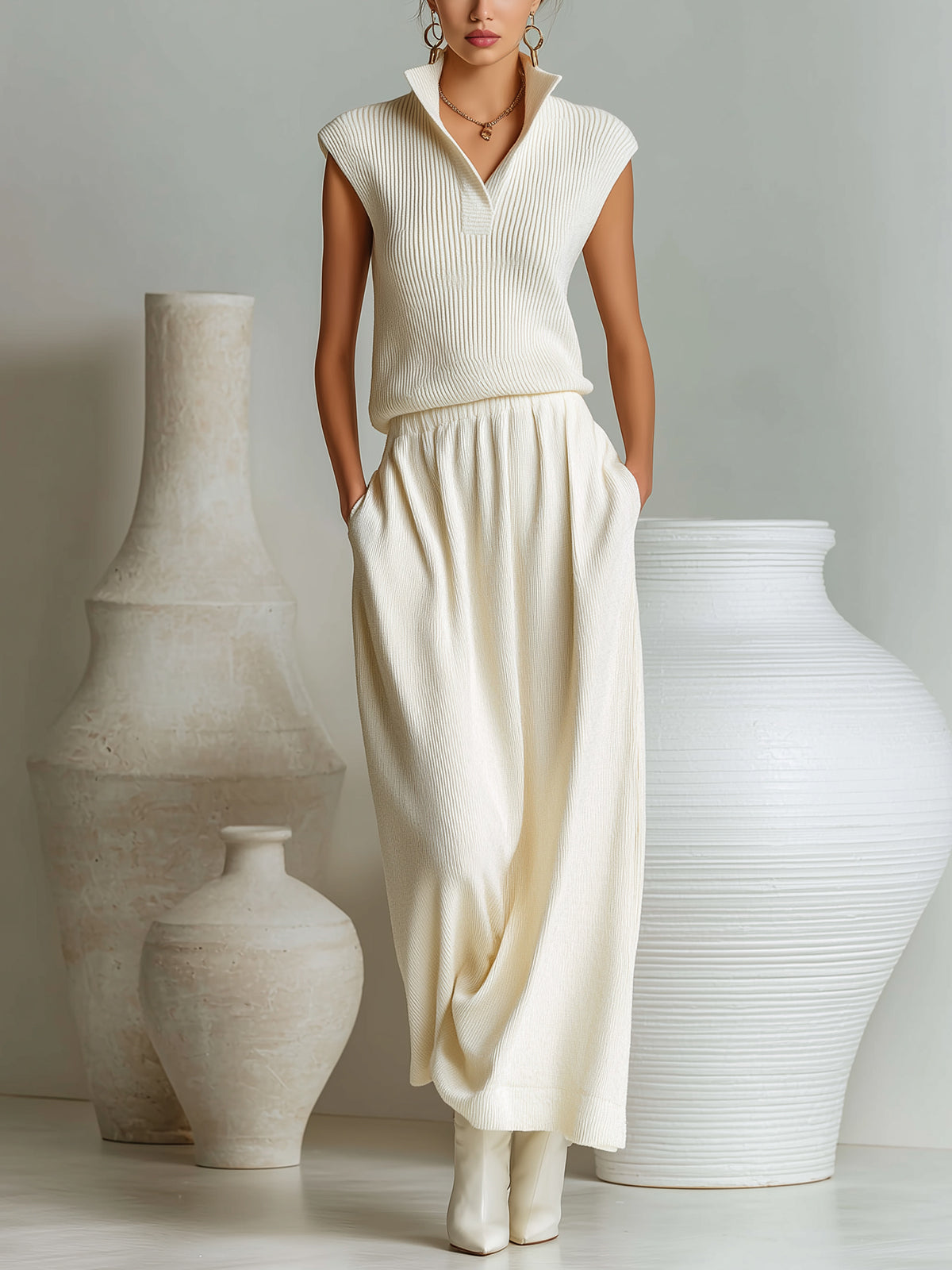 ElevenOra Chic Elegant Cream White Stand Collar V-Neck Sleeveless Loose-Fit Top A-Line Maxi Dress Knit Two-Piece Set