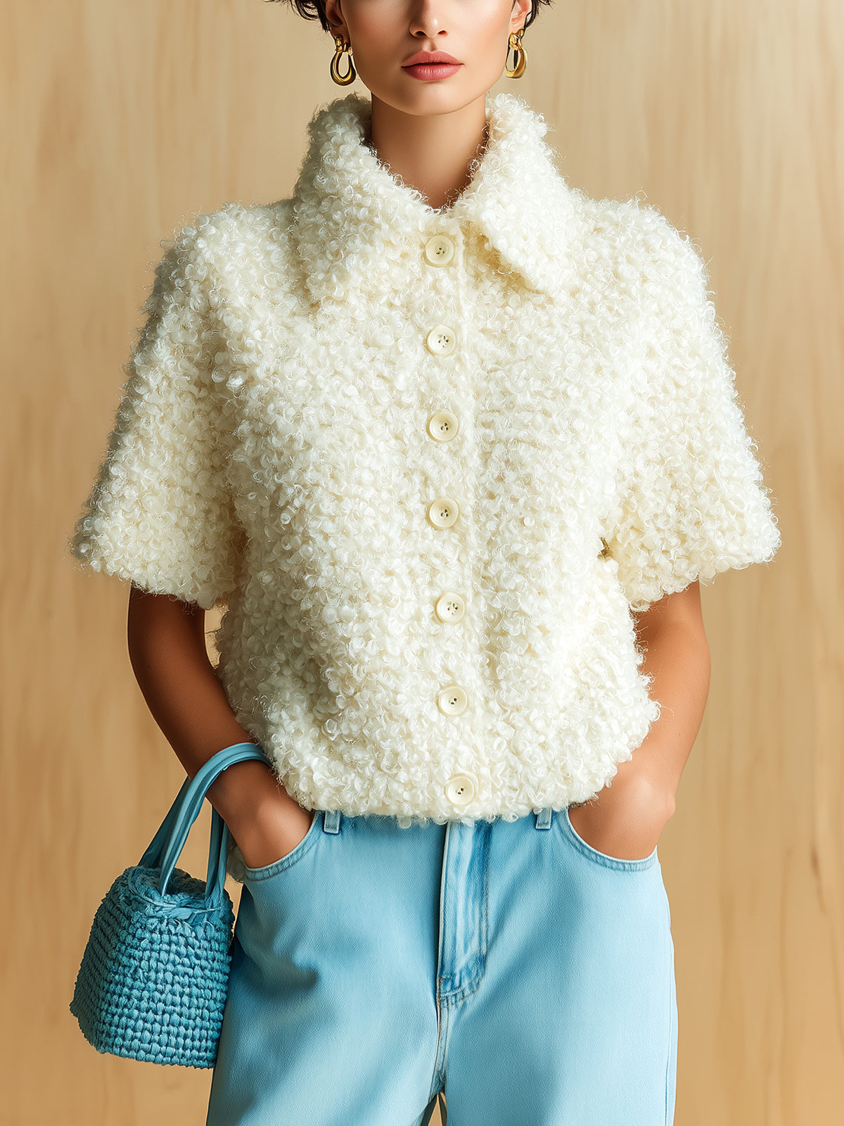 ElevenOra Chic Vintage Cream White Lapel Single-Breasted Short-Sleeve Loose Fuzzy Knit Cardigan