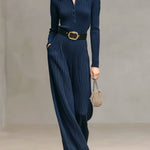 ElevenOra Casual Elegant Polo Collar Slim Long Sleeve Sweater Belted Wide Leg Pants Ribbed Knit Two-piece Set