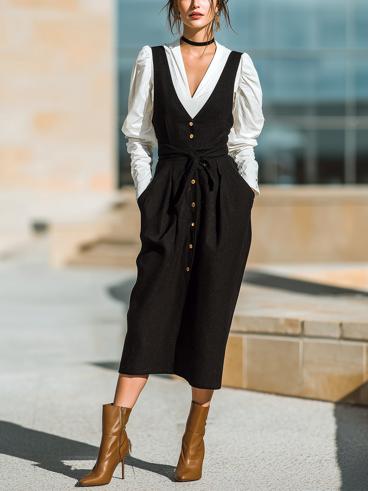 ElevenOra Chic Casual Black Wool Blend V-Neck Button-Front Belted Pinafore Bodycon Midi Dress