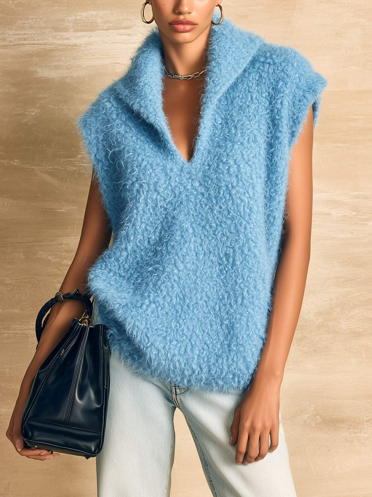ElevenOra Chic Vintage Blue Lapel Collar Sleeveless Oversized Fuzzy Knit Mini Sweater Top