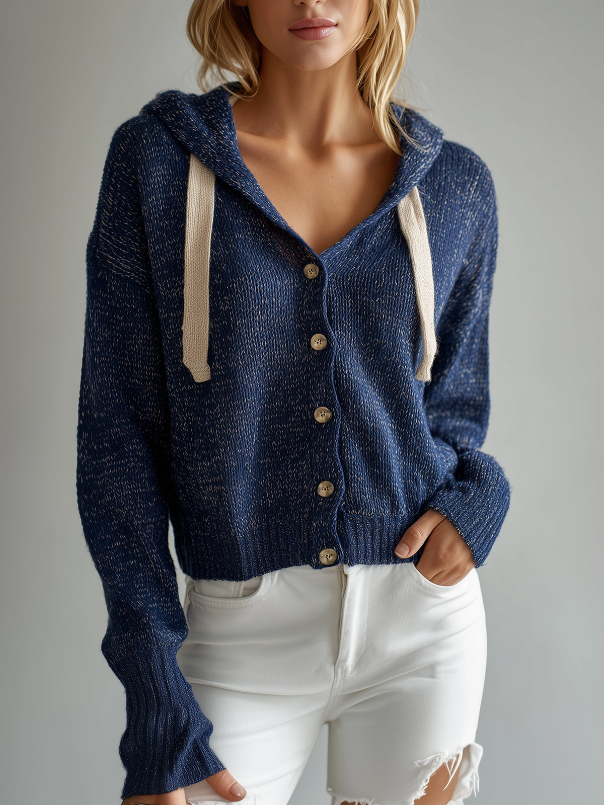 ElevenOra Casual Chic Navy Hooded Single-Breasted Cropped Knitted Cardigan