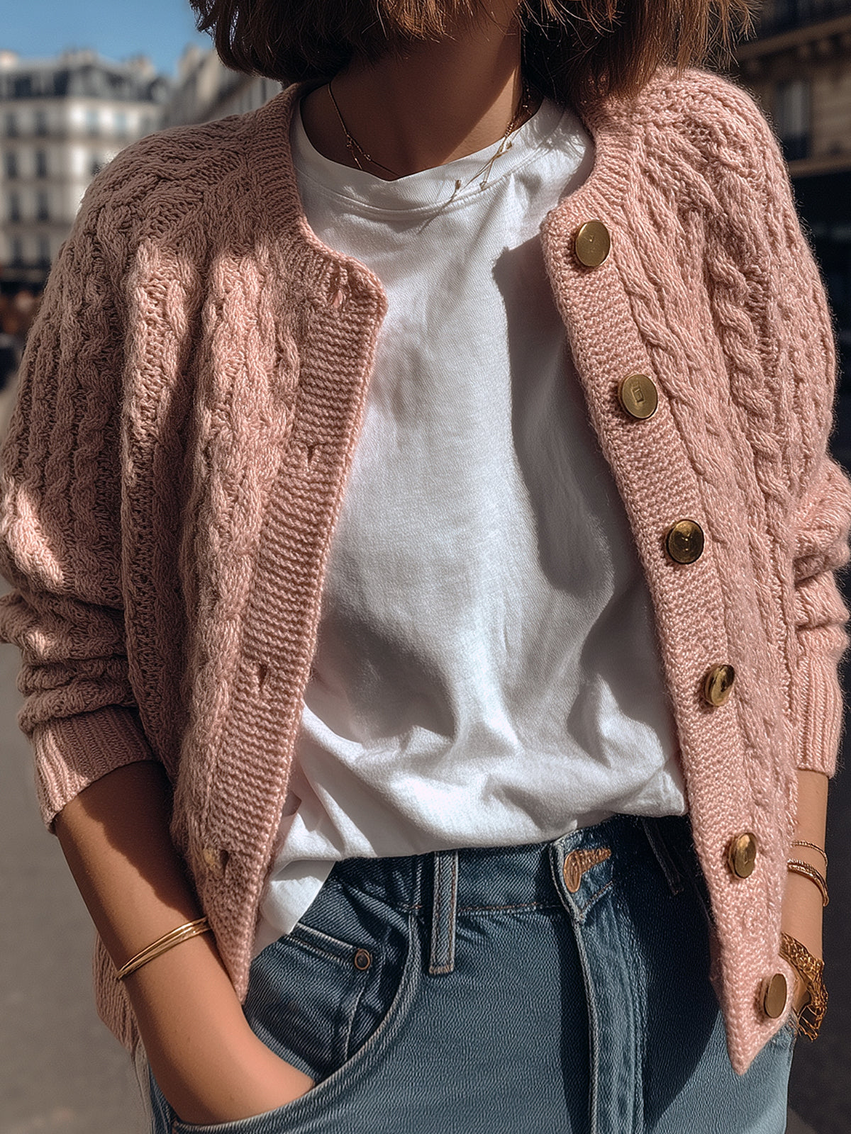 ElevenOra Chic Elegant Nude Pink Cable Knit Crew Neck Gold Button Cropped Cardigan