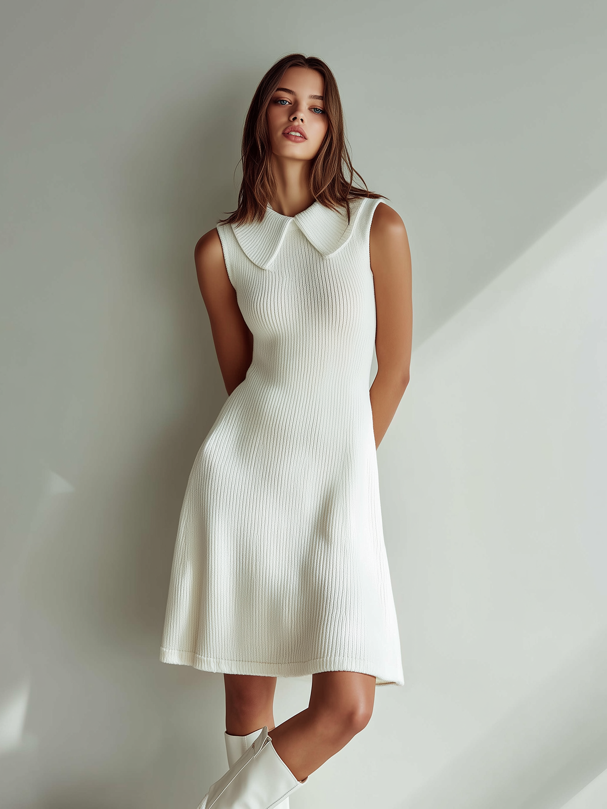 ElevenOra Chic Casual White Peter Pan Collar Sleeveless Slim Fit Knit Dress