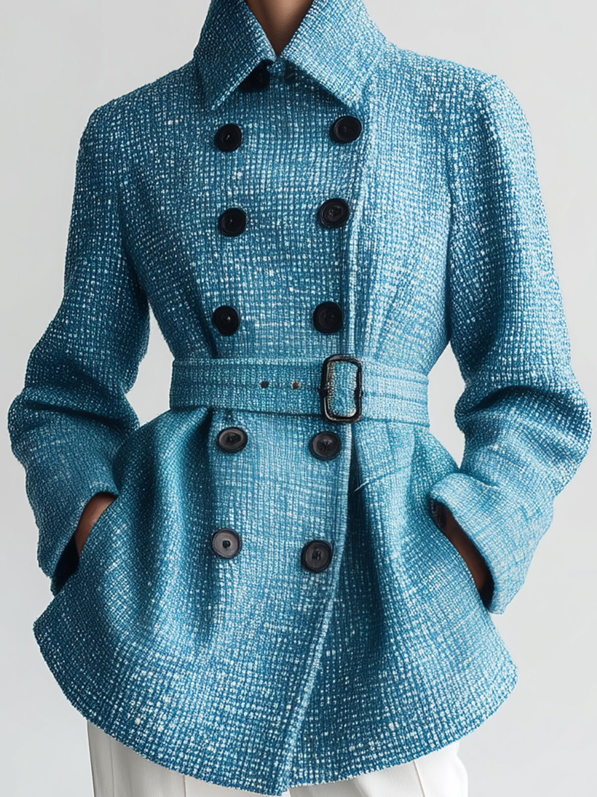 ElevenOra Chic Vintage Blue Wool Blend Tweed Lapel Double-Breasted Belted Slim-Fit Short Coat
