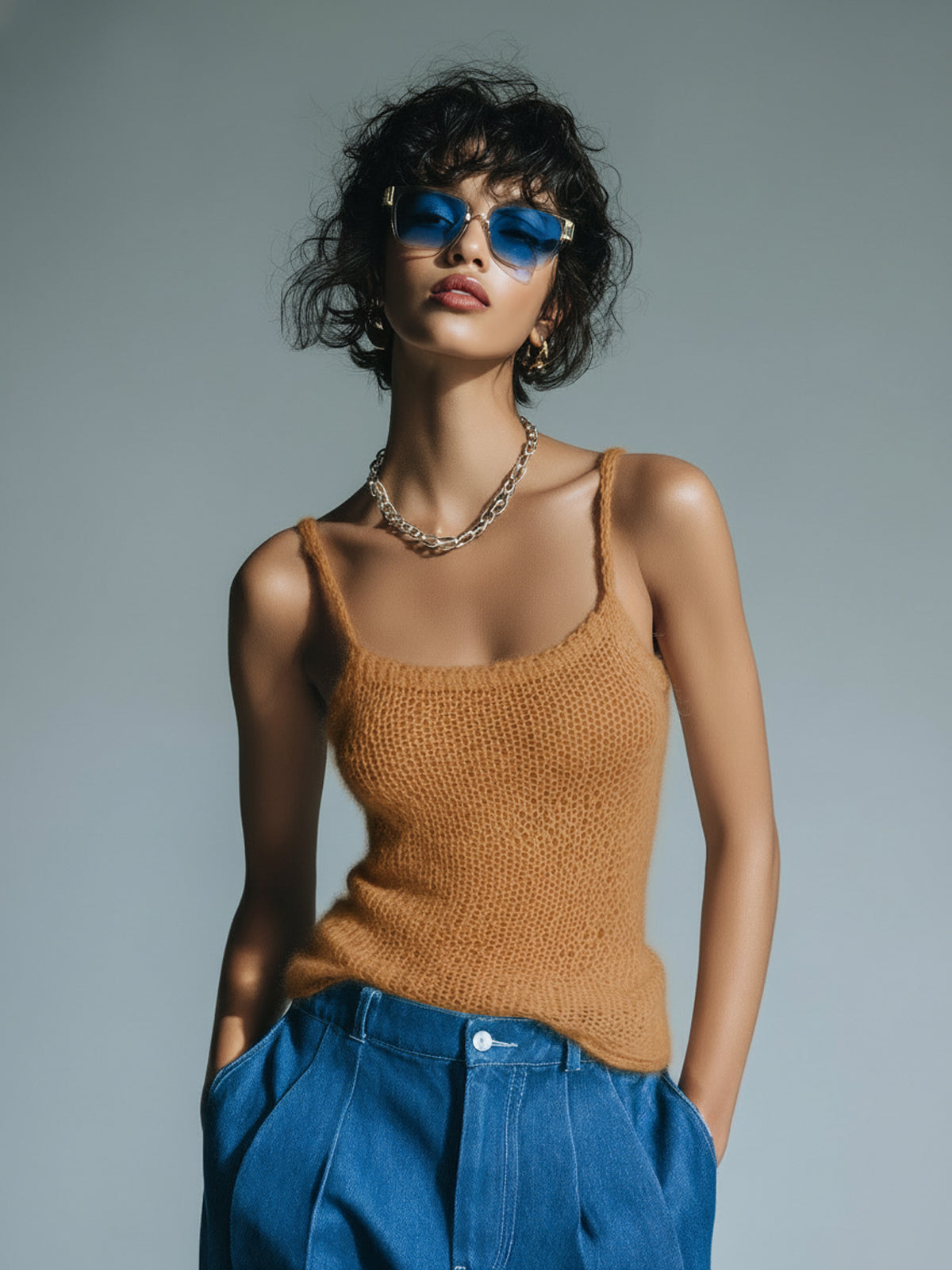 ElevenOra Chic Casual Square Neck Sleeveless Thin Strap Soft Fuzzy Knit Camisole