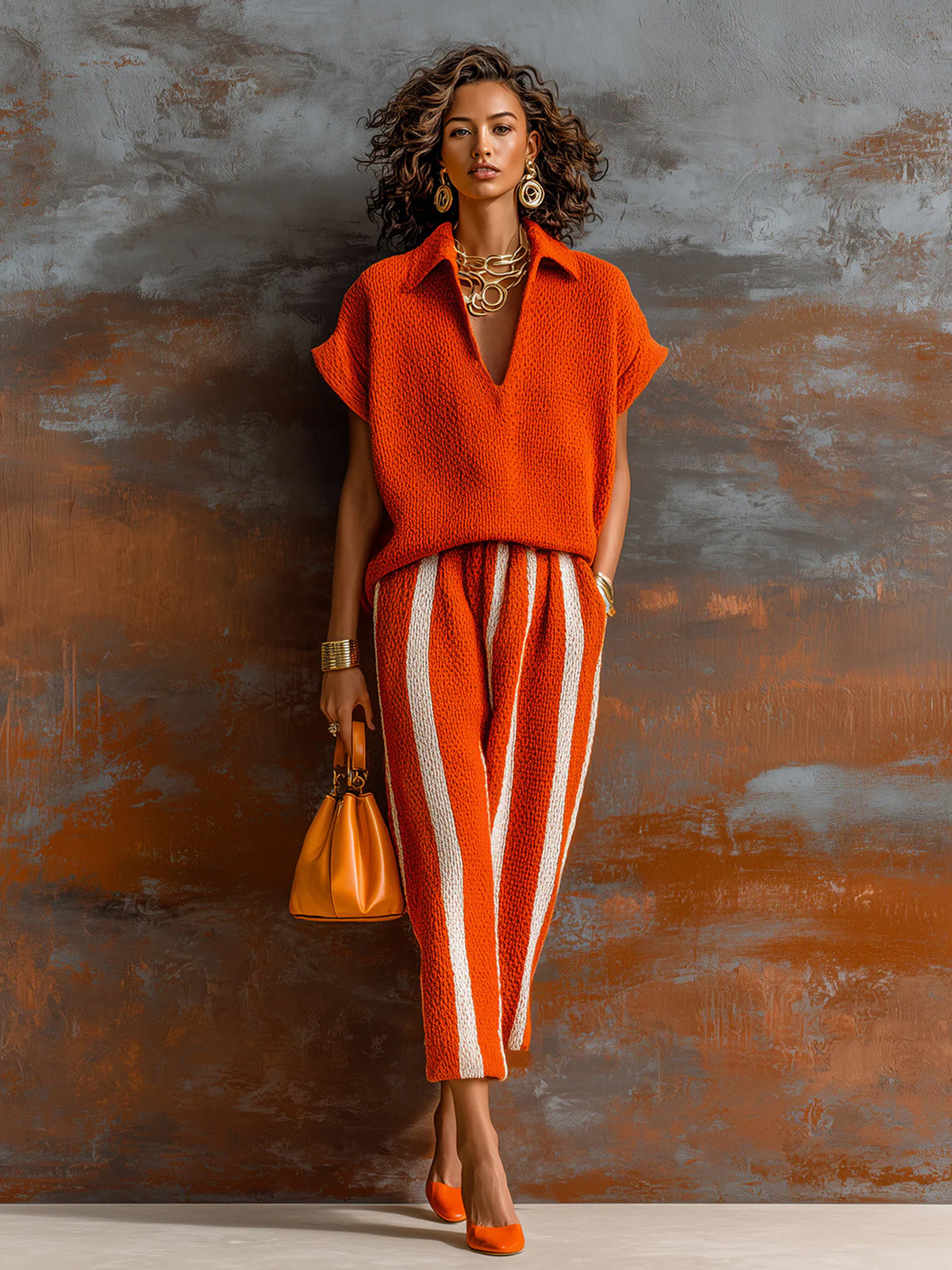 ElevenOra Chic Elegant Orange-White Colorblock Lapel V-Neck Short-Sleeve Loose-Fit Sweater Elastic-Waist Pants Knit Two-Piece Set