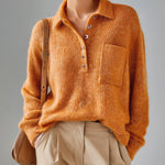 ElevenOra Chic Vintage Pumpkin Orange Polo Collar Half-Placket Pocket Fuzzy Slouchy Knit Sweater