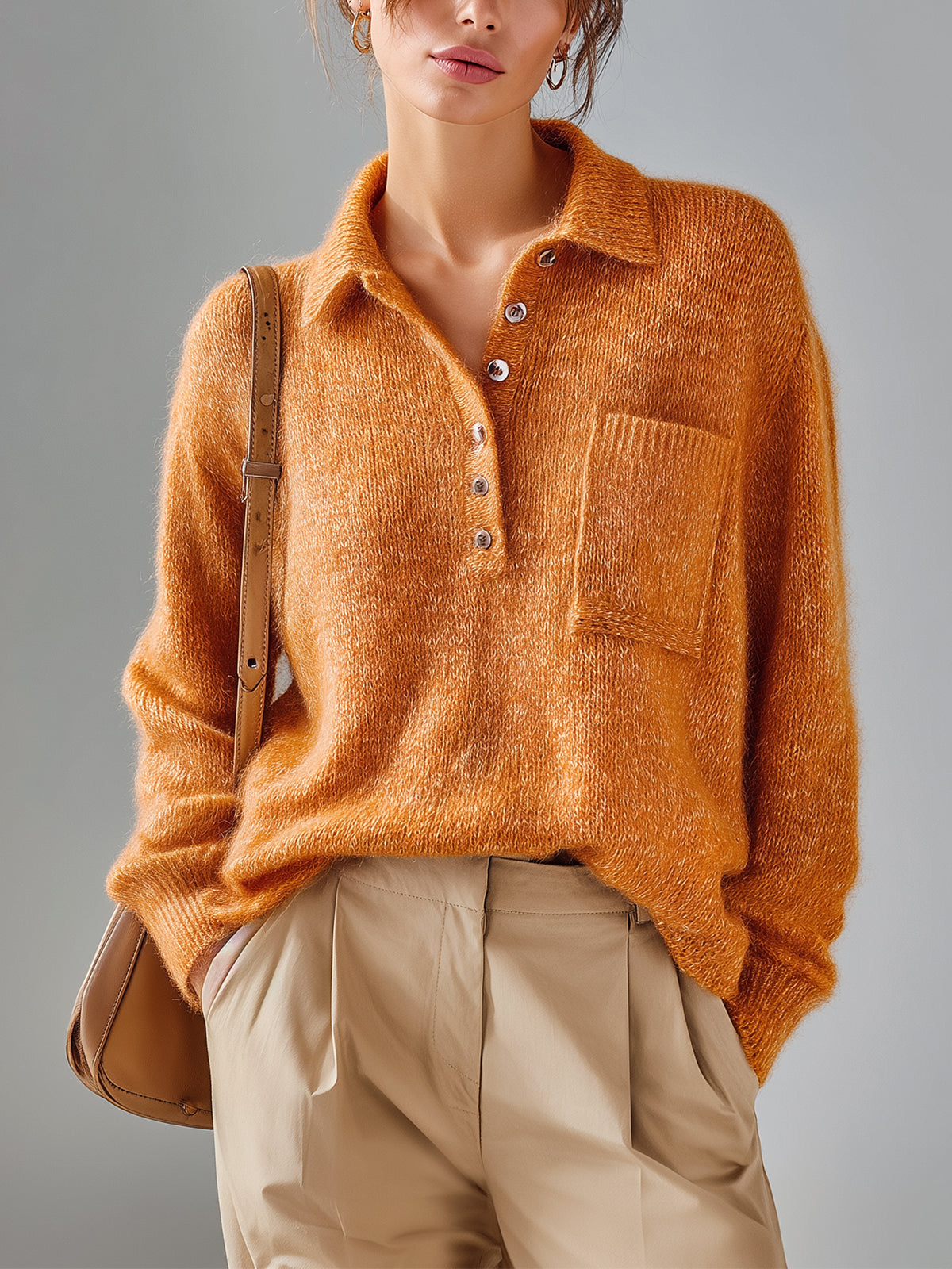 ElevenOra Chic Vintage Pumpkin Orange Polo Collar Half-Placket Pocket Fuzzy Slouchy Knit Sweater