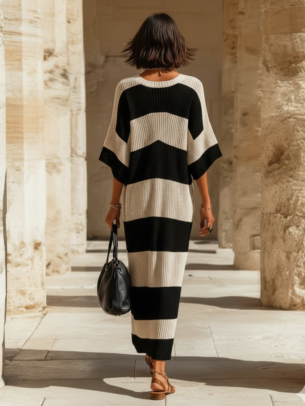 ElevenOra Chic Elegant Beige-Black Striped V-Neck Short-Sleeve Loose-Fit Side Slits Ribbed Knit Maxi Dress