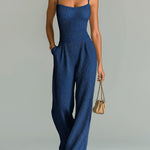 ElevenOra Chic Casual Camel Strappy Sleeveless Tailored Waist Wide Leg Ribbed Knit Jumpsuit