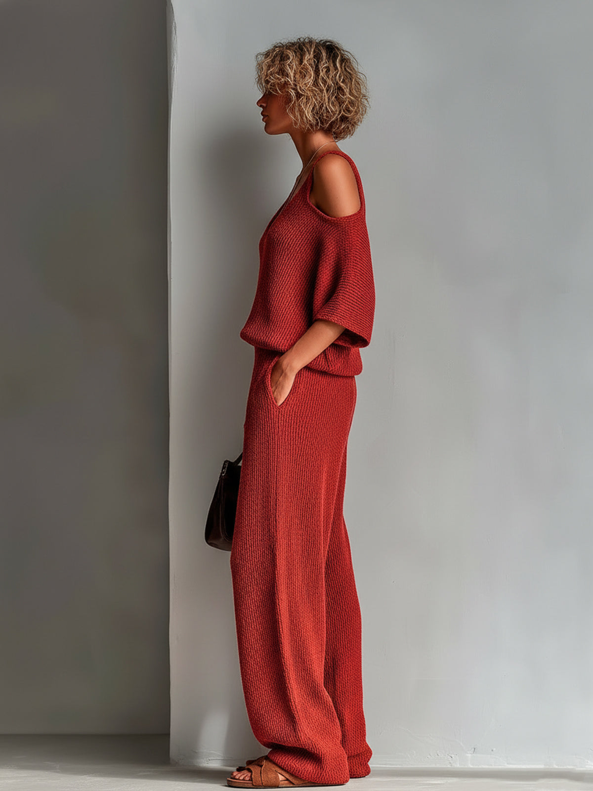 ElevenOra Chic Elegant Red V-Neck Half-Sleeve Cutout Details Loose-Fit Sweater Wide-Leg Pants Knit Two-Piece Set