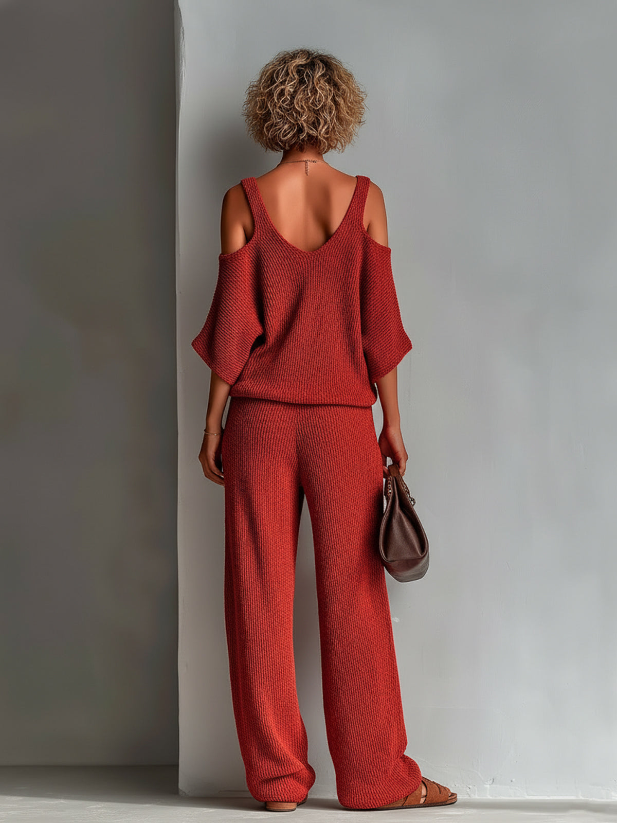 ElevenOra Chic Elegant Red V-Neck Half-Sleeve Cutout Details Loose-Fit Sweater Wide-Leg Pants Knit Two-Piece Set