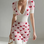 ElevenOra Chic Elegant Cream White Heart Jacquard Deep V-Neck Short-Sleeve Slim-Fit Ribbed Knit Bodycon Mini Dress