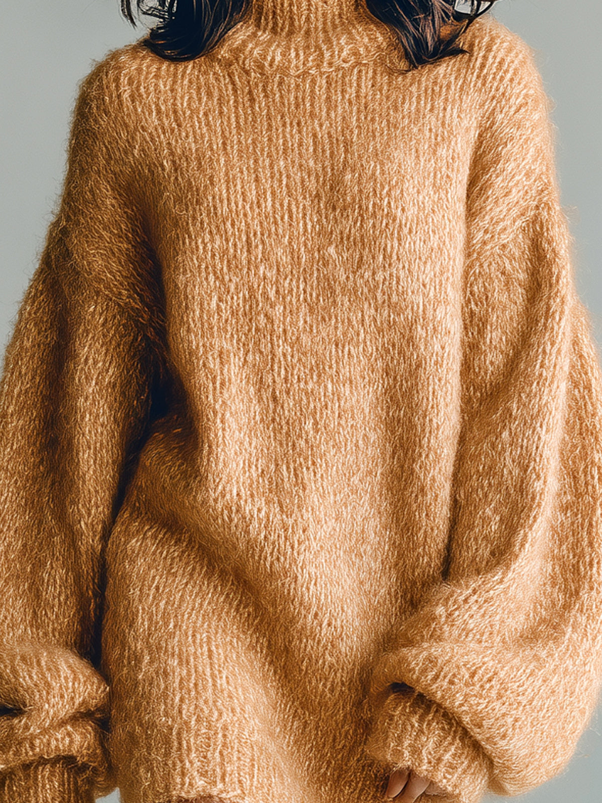 ElevenOra Chic Casual Camel Mock Neck Long Sleeve Oversized Fuzzy Knit Mini Dress