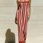 ElevenOra Stylish Elegant Red-White Striped Strappy Sleeveless Slim-Fit Ribbed Knit Maxi Dress