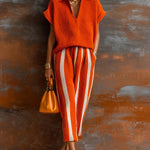 ElevenOra Chic Elegant Orange-White Colorblock Lapel V-Neck Short-Sleeve Loose-Fit Sweater Elastic-Waist Pants Knit Two-Piece Set
