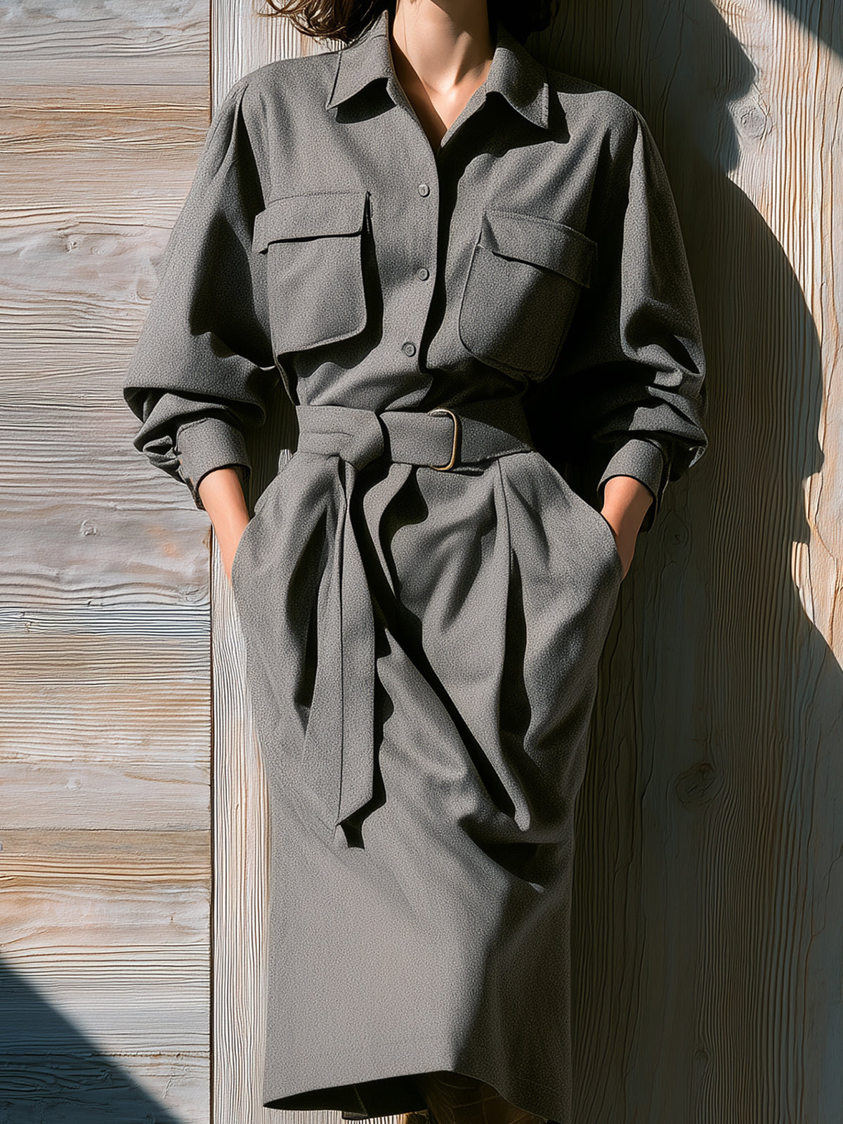 ElevenOra Chic Vintage Gray Wool Blend Lapel Button-Front Belted Long-Sleeved Loose Midi Shirt Dress