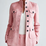 ElevenOra Sophisticated Office Pink Faux Suede Stand Collar Button-Front Multi-Pocket Slim-Fit Jacket