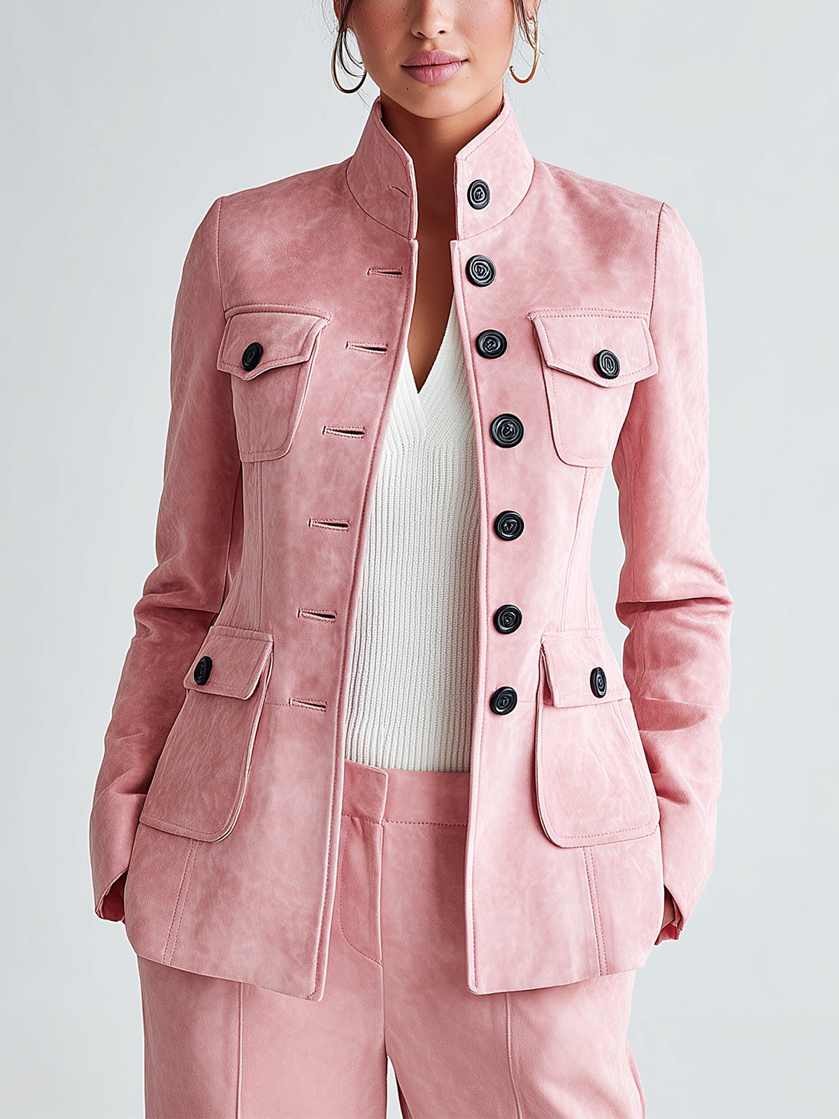 ElevenOra Sophisticated Office Pink Faux Suede Stand Collar Button-Front Multi-Pocket Slim-Fit Jacket