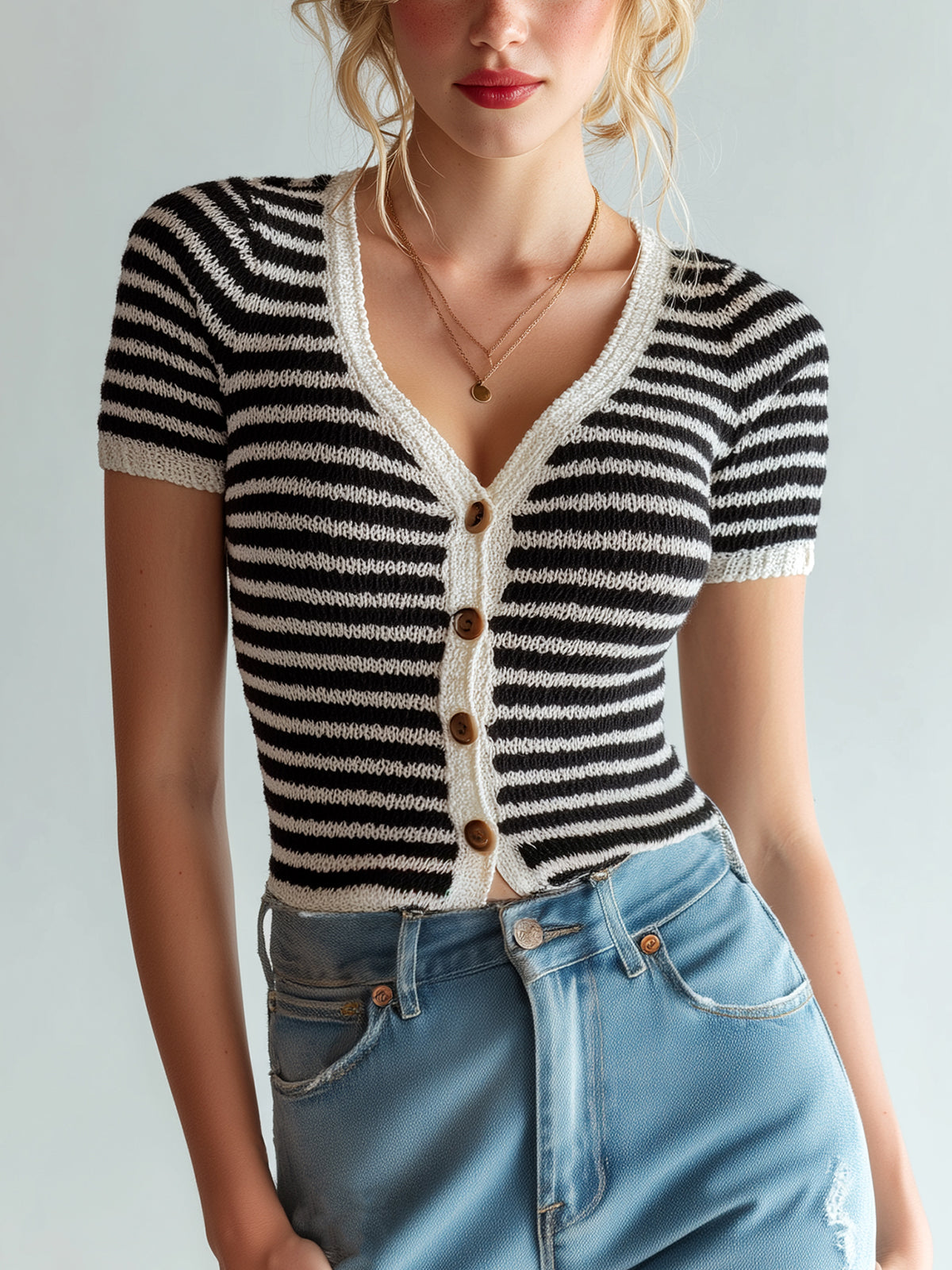 ElevenOra Chic Elegant Contrast Stripes V-Neck Single-Breasted Short-Sleeve Slim-Fit Knit Cardigan Top