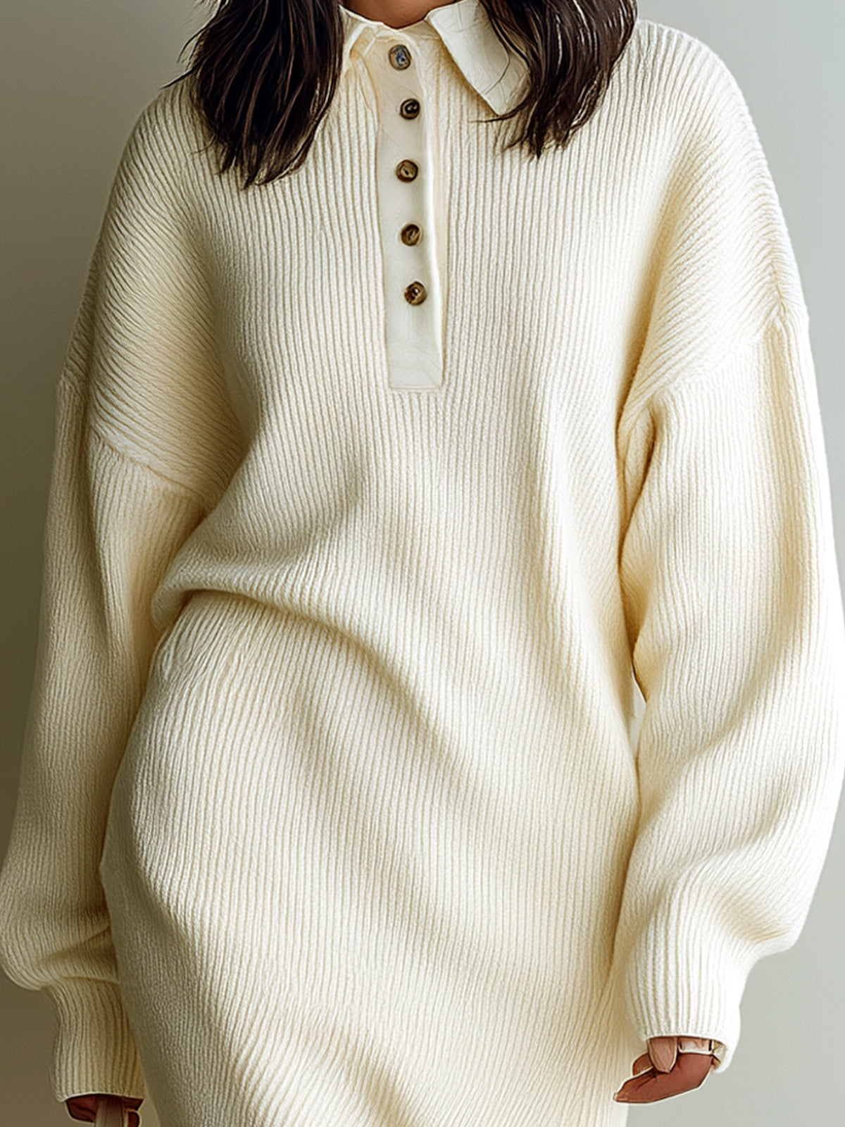 ElevenOra Chic Casual Cream White Polo Neck Button-Detail Asymmetric Hem Oversized Knit Midi Dress