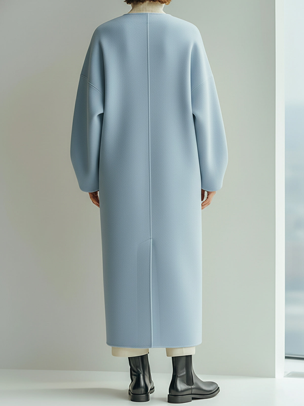 ElevenOra Chic Elegant Light Blue Wool Blend Collarless Large Pocket Slouchy Maxi-Length Coat