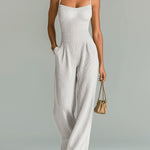 ElevenOra Chic Casual Camel Strappy Sleeveless Tailored Waist Wide Leg Ribbed Knit Jumpsuit